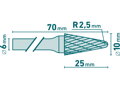 Fréza karbidová, konická 14° zakulacená, pr.10x25mm/stopka 6mm,sek střední (double-cut)