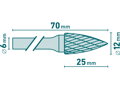 Fréza karbidová, ostrý oblouk, pr.12x25mm/stopka 6mm,sek střední (double-cut)