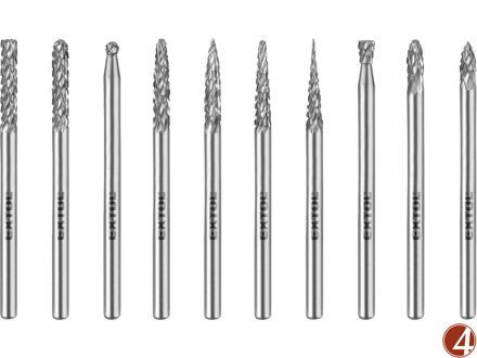 Frézy mini, karbidové, sada 10ks, ⌀3mm, sek střední (double-cut)