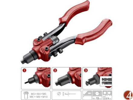 Kleště nýtovací pákové COMBO, pro nýt. matice M3-M10 a trhací nýty 2,4-6,4mm