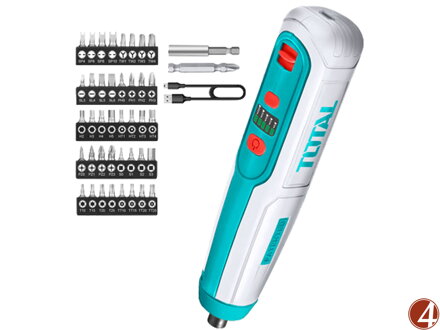Šroubovák AKU mini, 4V, USB nabíjení, sada bitů