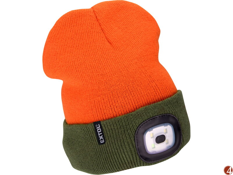 čepice s čelovkou 4x45lm, USB nabíjení, fluorescentní oranžová/khaki zelená, oboustranná, univerzální velikost