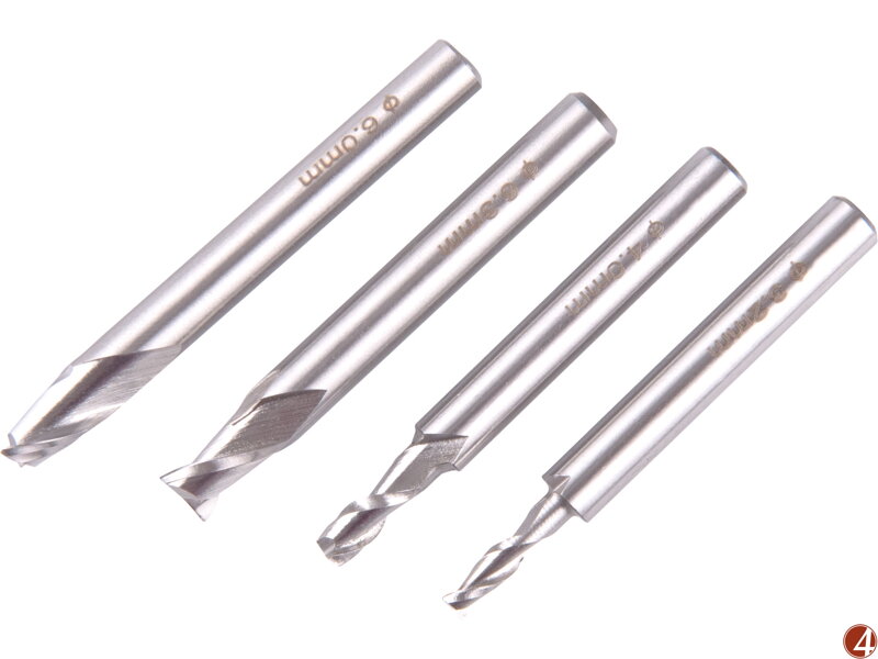 Frézy stopkové, sada 4ks, ⌀3,2-4-6-6,3mm, HSS6542 Frézy stopkové, sada 4ks, ⌀3,2-4-6-6,3mm, HSS6542
