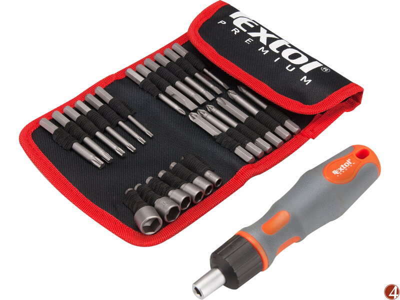 POŠK. OBAL šroubovák ráčnový s hroty, sada 25ks, (-) 3-4-5-6-7x65mm, PH 0-1-2-3x65mm, PZ 1-2-3x65mm, T 10-15-20-25-27-30x65mm, CrV, EXTOL PREMIUM POŠK. OBAL šroubovák ráčnový s hroty, sada 25ks, (-) 3-4-5-6-7x65mm, PH 0-1-2-3x65mm, PZ 1-2-3x65mm, T 10-15-20-25-27-30x65mm, CrV, EXTOL PREMIUM