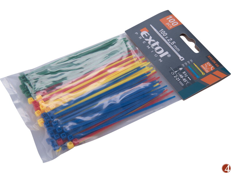 Pásky stahovací barevné, 100x2,5mm, 100ks, (4x25ks), 4 barvy, nylon PA66 Pásky stahovací barevné, 100x2,5mm, 100ks, (4x25ks), 4 barvy, nylon PA66