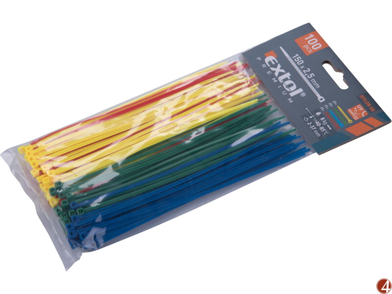 Pásky stahovací barevné, 150x2,5mm, 100ks, (4x25ks), 4 barvy, nylon PA66 Pásky stahovací barevné, 150x2,5mm, 100ks, (4x25ks), 4 barvy, nylon PA66