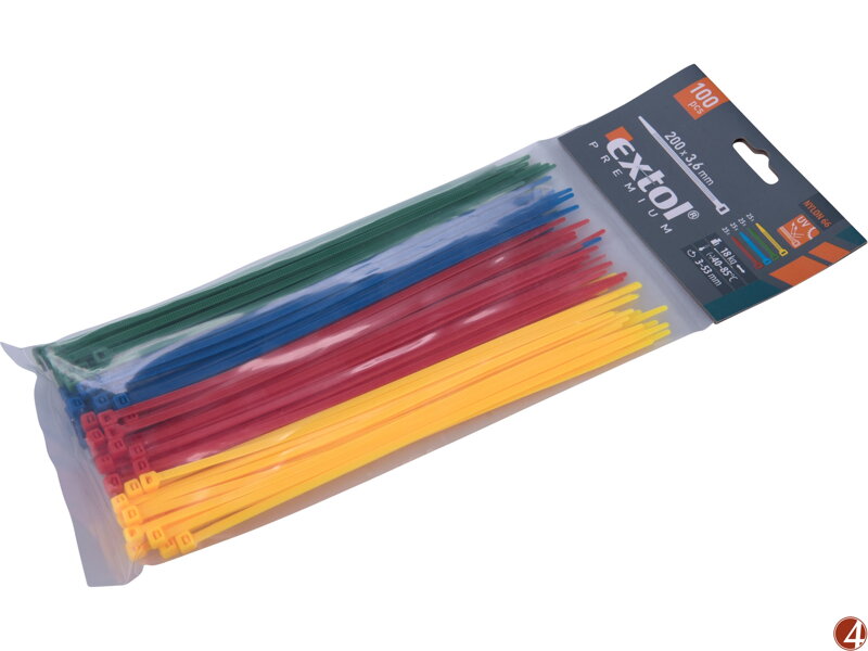 Pásky stahovací barevné, 200x3,6mm, 100ks, (4x25ks), 4 barvy, nylon PA66 Pásky stahovací barevné, 200x3,6mm, 100ks, (4x25ks), 4 barvy, nylon PA66