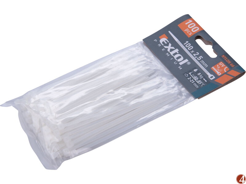 Pásky stahovací na kabely bílé, 100x2,5mm, 100ks, nylon PA66 Pásky stahovací na kabely bílé, 100x2,5mm, 100ks, nylon PA66