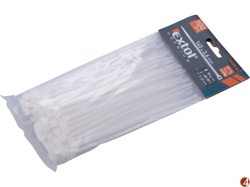 Pásky stahovací na kabely bílé, 140x3,6mm, 100ks, nylon PA66 Pásky stahovací na kabely bílé, 140x3,6mm, 100ks, nylon PA66