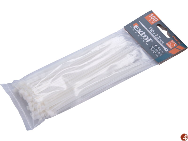 Pásky stahovací na kabely bílé, 150x2,5mm, 100ks, nylon PA66 Pásky stahovací na kabely bílé, 150x2,5mm, 100ks, nylon PA66