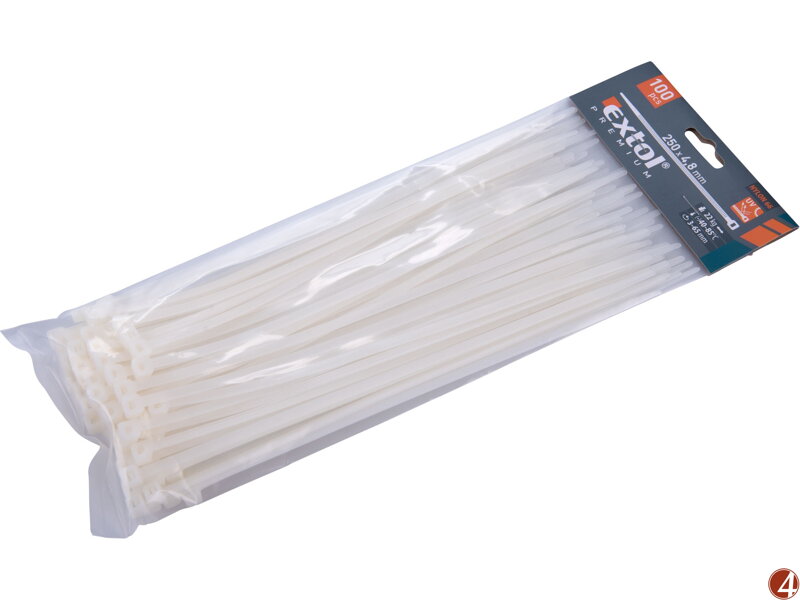 Pásky stahovací na kabely bílé, 250x4,8mm, 100ks, nylon PA66 Pásky stahovací na kabely bílé, 250x4,8mm, 100ks, nylon PA66