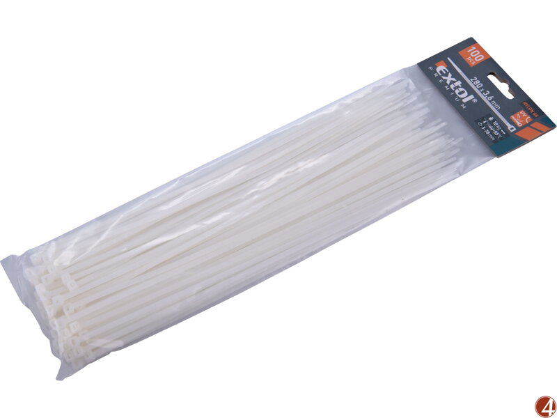 Pásky stahovací na kabely bílé, 280x3,6mm, 100ks, nylon PA66 Pásky stahovací na kabely bílé, 280x3,6mm, 100ks, nylon PA66