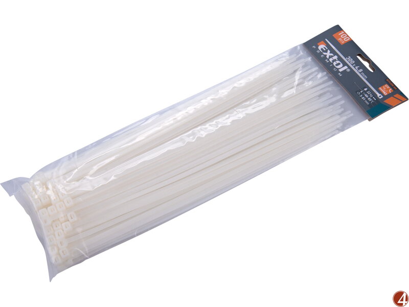 Pásky stahovací na kabely bílé, 300x4,8mm, 100ks, nylon PA66 Pásky stahovací na kabely bílé, 300x4,8mm, 100ks, nylon PA66