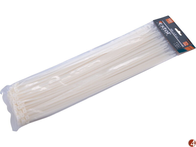 Pásky stahovací na kabely bílé, 380x4,8mm, 100ks, nylon PA66 Pásky stahovací na kabely bílé, 380x4,8mm, 100ks, nylon PA66