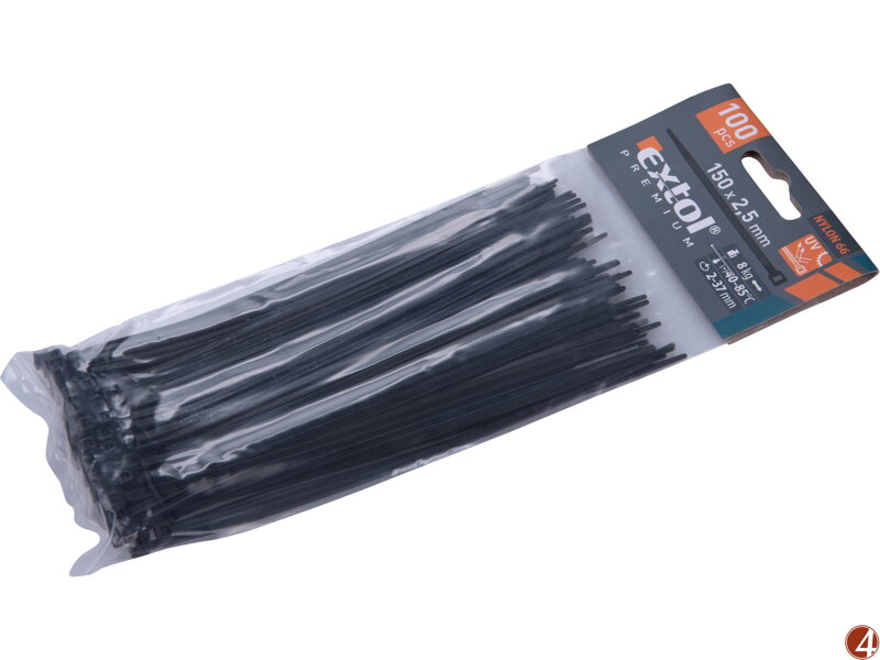 Pásky stahovací na kabely černé, 150x2,5mm, 100ks, nylon PA66