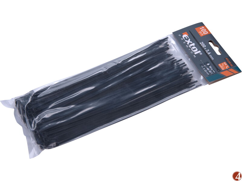 Pásky stahovací na kabely černé, 200x3,6mm, 100ks, nylon PA66