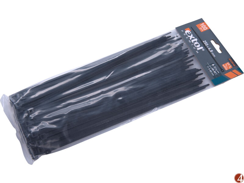 Pásky stahovací na kabely černé, 250x4,8mm, 100ks, nylon PA66