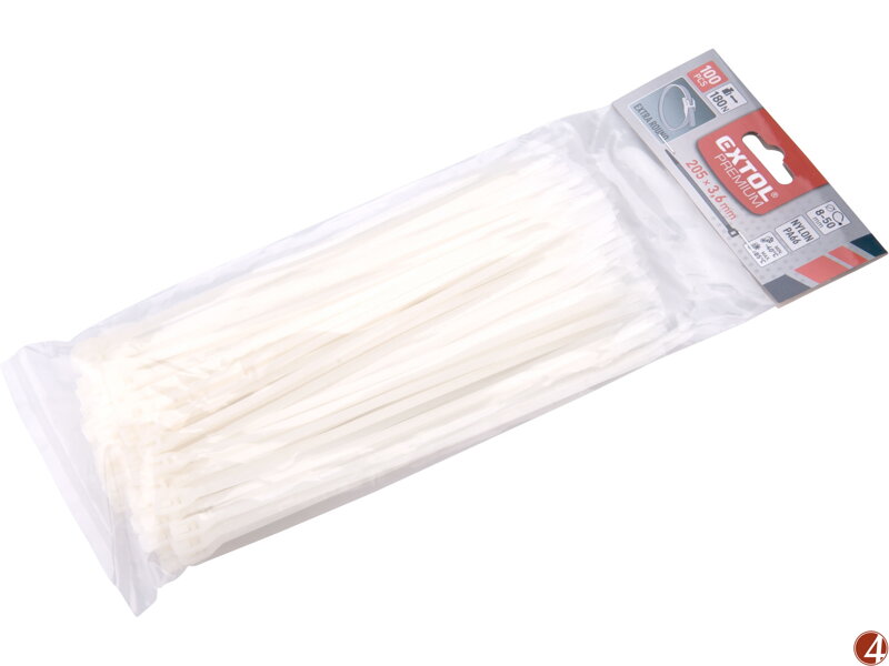 Pásky stahovací na kabely EXTRA, bílé, 205x3,6mm, 100ks, nylon PA66 Pásky stahovací na kabely EXTRA, bílé, 205x3,6mm, 100ks, nylon PA66