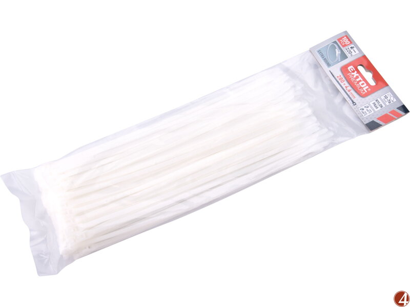 Pásky stahovací na kabely EXTRA, bílé, 280x4,6mm, 100ks, nylon PA66 Pásky stahovací na kabely EXTRA, bílé, 280x4,6mm, 100ks, nylon PA66