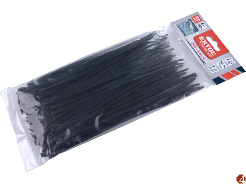 Pásky stahovací na kabely EXTRA, černé, 200x3,6mm, 100ks, nylon PA66