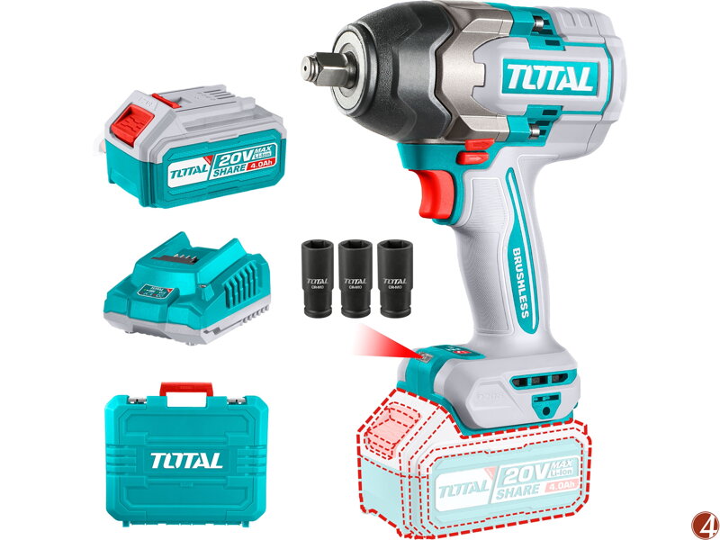 Utahovák rázový AKU 1/2", brushless, 850Nm, 20 V Li-ion 4000mAh (2x), industrial
