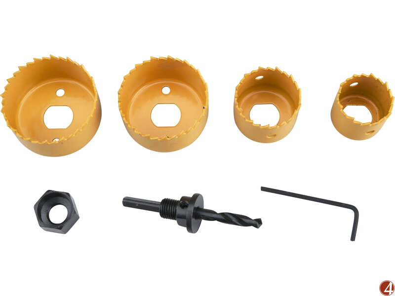 Vrtáky vykružovací korunkové, 4 průměry O 32-54mm, HSS/Bi-metal Vrtáky vykružovací korunkové, 4 průměry O 32-54mm, HSS/Bi-metal